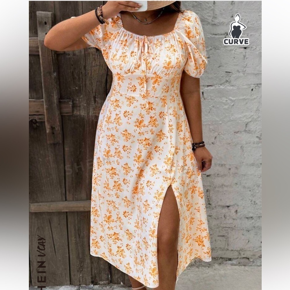 🦋 SHEIN Orange White Ditzy Floral Short Sleeve Midi Dress Leg Slit Casual Large